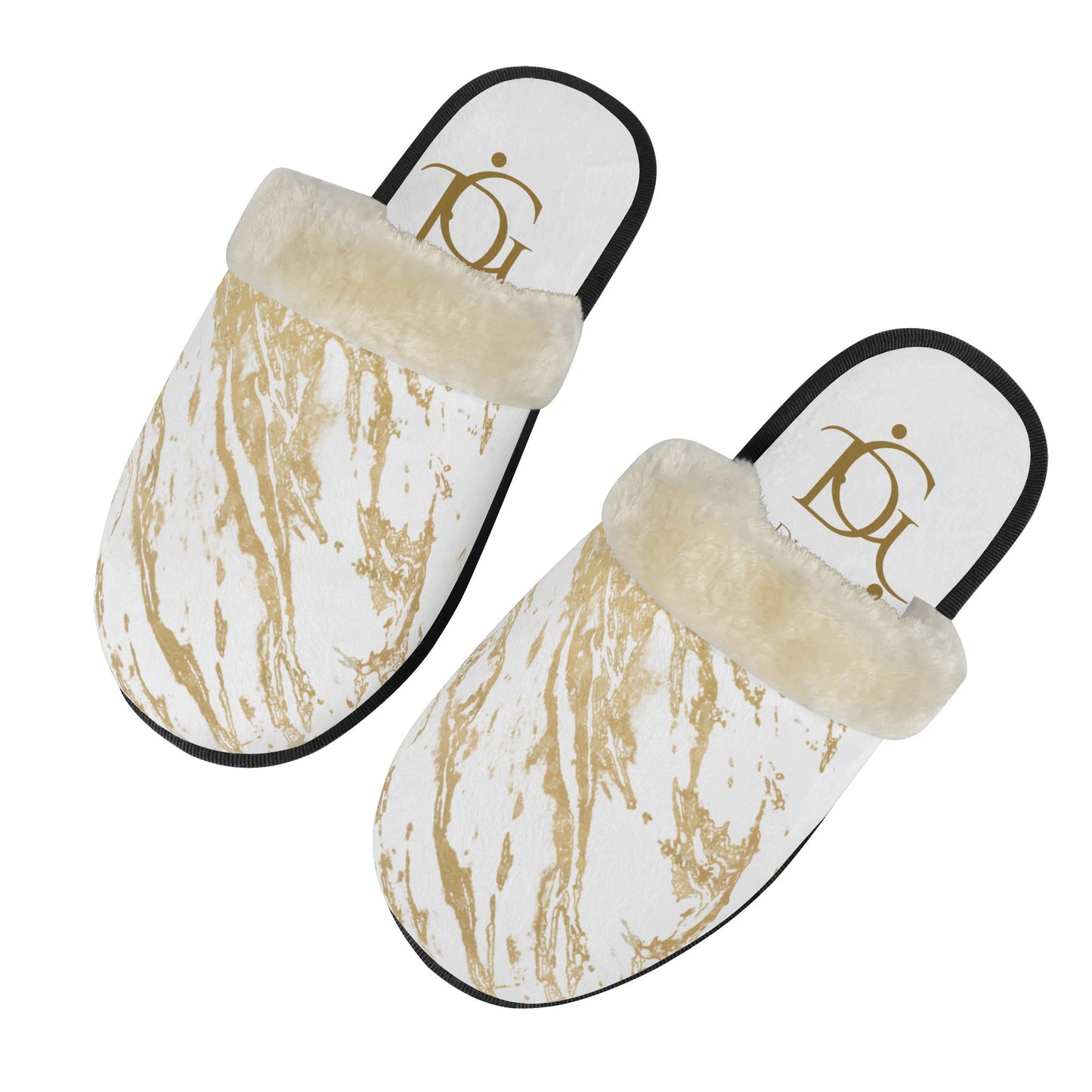 DuGamii Lightweight Warm Plush White and Gold Slippers