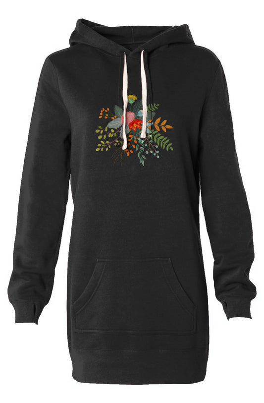 Women's Large Flower And Logo Embroidered Black Hooded Sweatshirt Dress