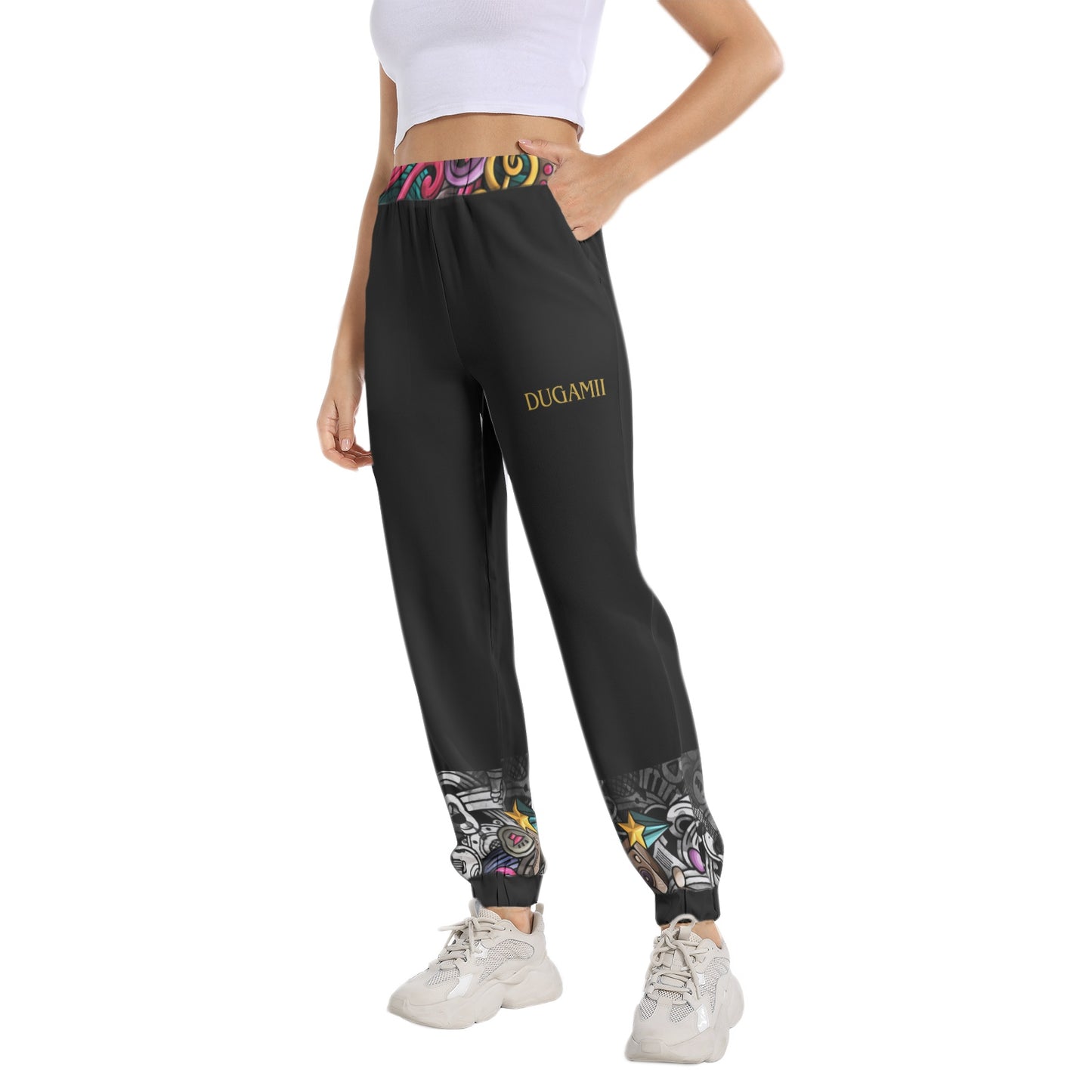 Women's DuGamii Elastic Waist Tapered Black Sweat Pants